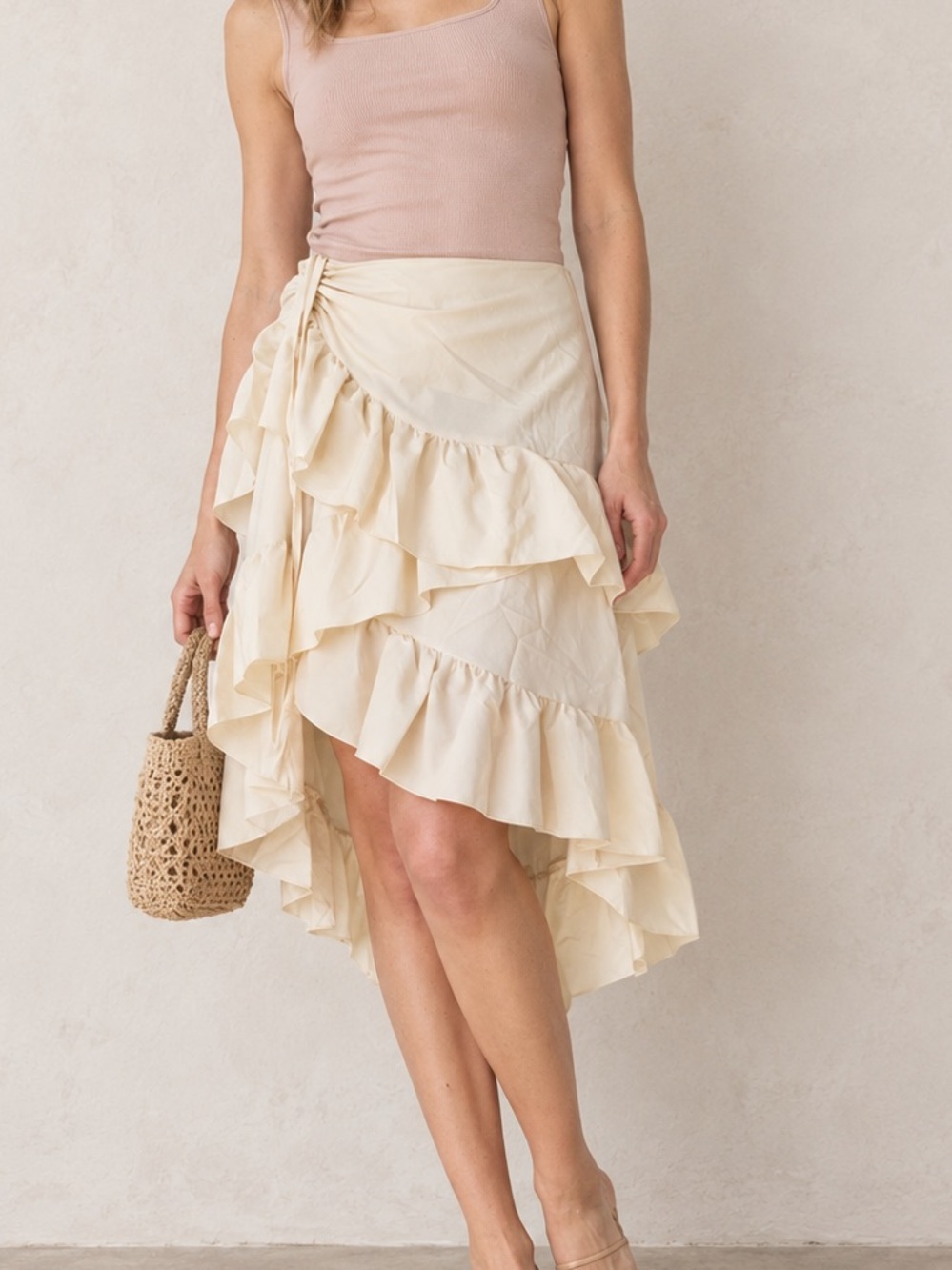Ivory Cream Silky Ruffle High-Low Skirt Size Small